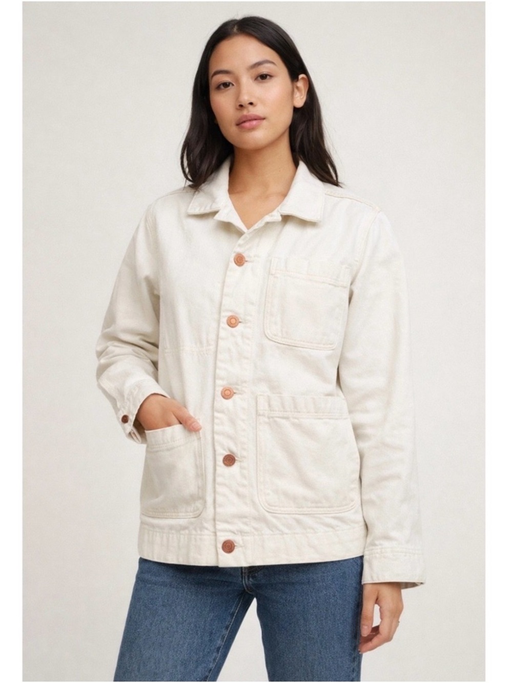 Everlane Jacket Women’s White Denim Chore Button Front Pockets Workwear XS